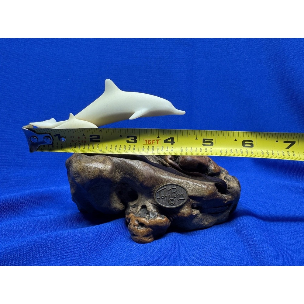 John Perry Pair Dolphin Figurines Burlwood Wood Base Sculpture Mother Calf VTG - Picture 7 of 9